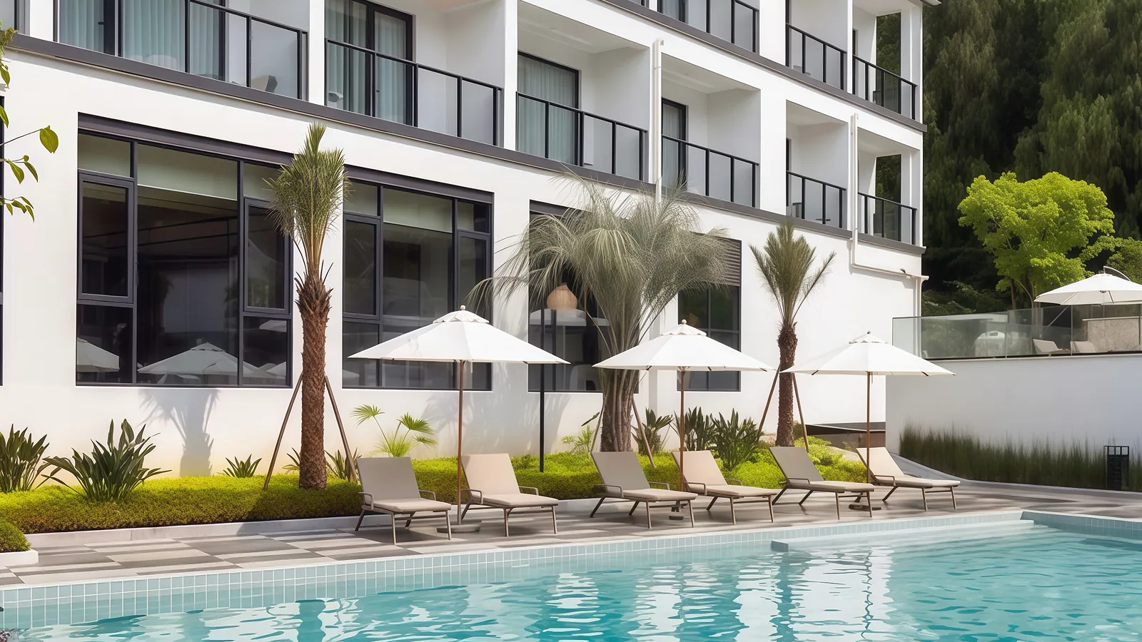 Resort pool deck with sun loungers and parasols